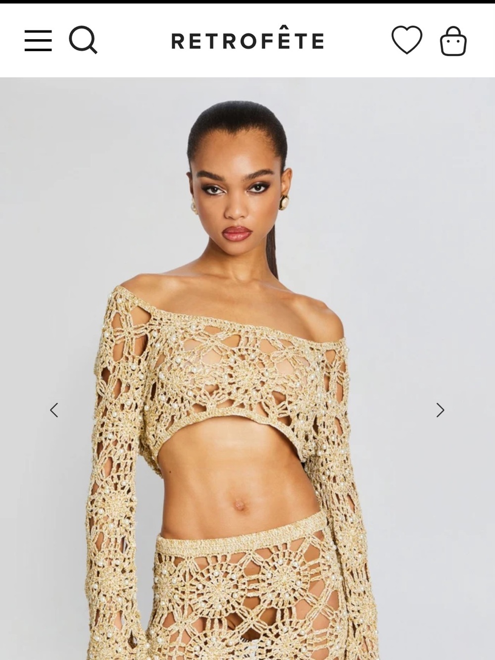 Retrofête Gold Crochet Off-Shoulder Crop Top
